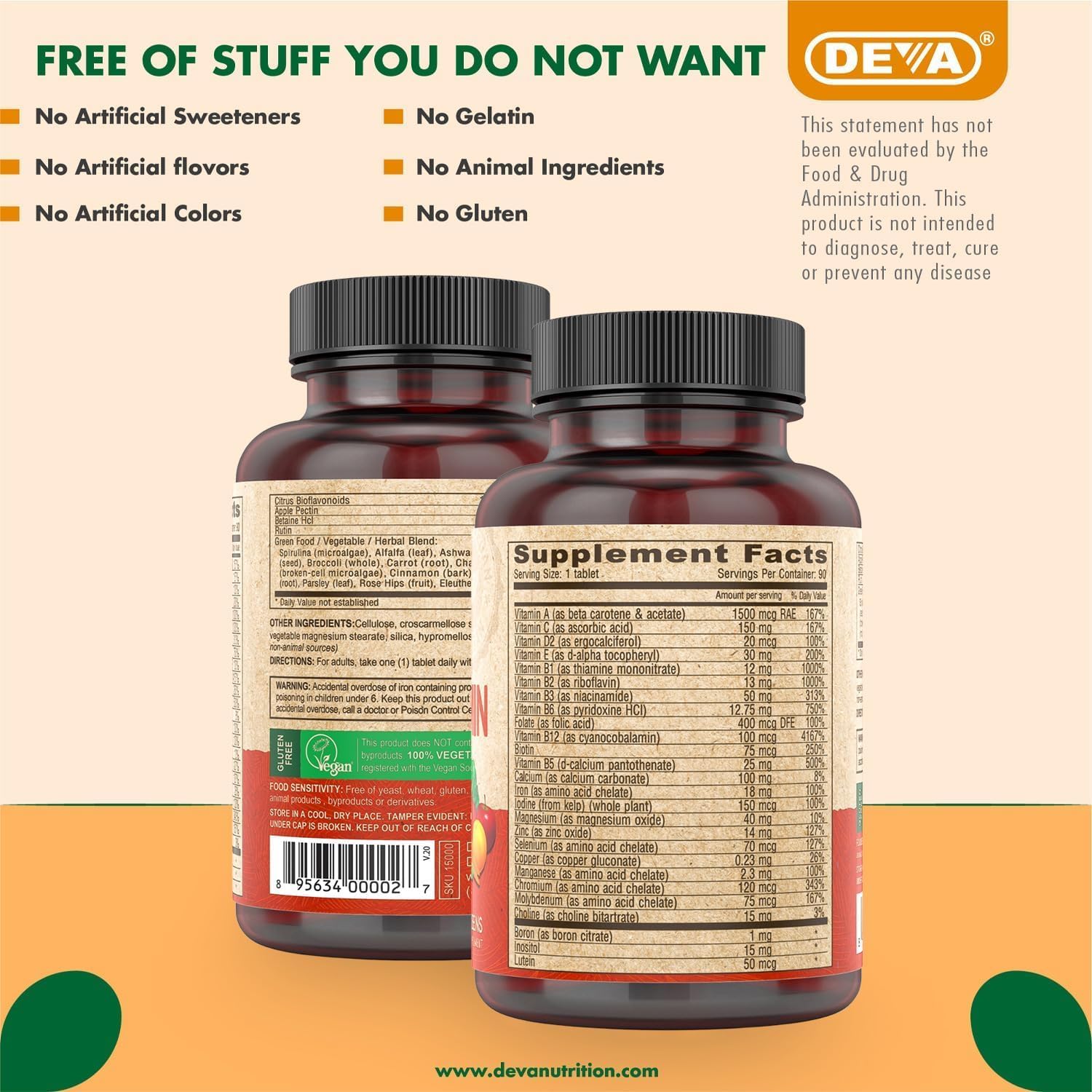 Deva Vegan Multivitamin & Mineral Supplement – Once-Per-Day, High-Potency, 90 Coated Tablets